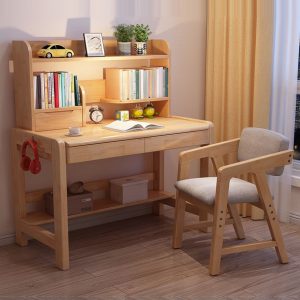 "Rose/Blue/Brown Timber Height-adjustable Adjustable Children's Desk Rubberwood Hydrophobic with 3 Shelves, Hutch"