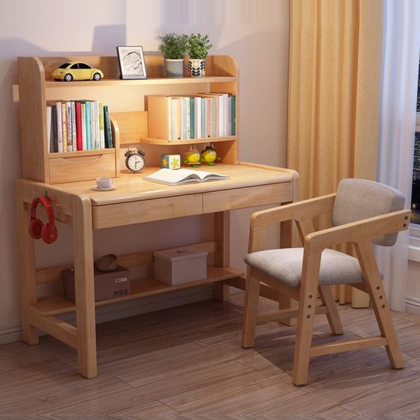 "Rose/Blue/Brown Timber Height-adjustable Adjustable Children's Desk Rubberwood Hydrophobic with 3 Shelves, Hutch"