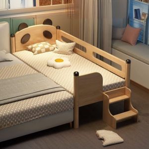 "Art Deco Wood Gender Neutral Natural Color Standard Kids Bed with Coir, Guardrail"