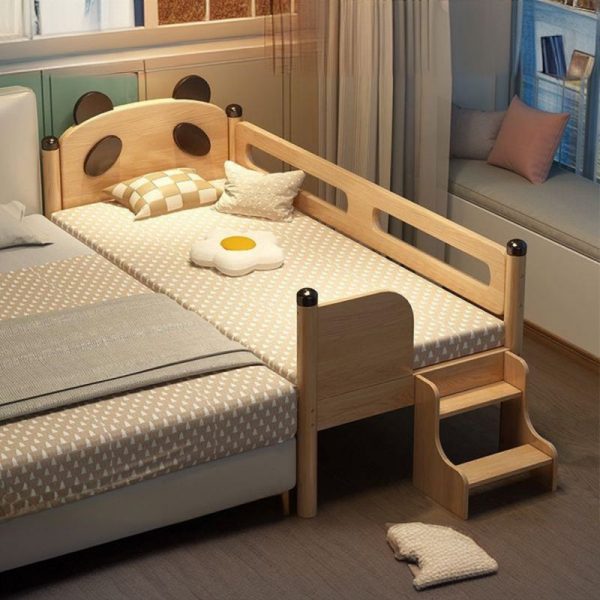 "Art Deco Wood Gender Neutral Natural Color Standard Kids Bed with Coir, Guardrail"