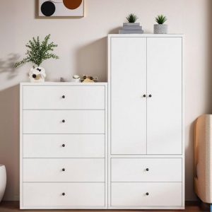 "Light-toned Wood Kids Armoire with Shelf, Clothing Rod, and Door"