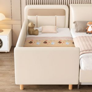 "Cream Timber Standard Kids Bed with Cotton Upholstery, Coir Mattress, Headboard, Footboard, and Guardrail"