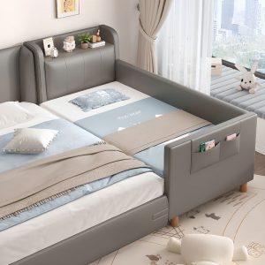 "Art Deco Gray Faux Leather Standard Kids Bed with Upholstered, Mattress, Headboard, Guardrail"