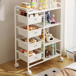 "Vertical Alloy Scratch Resistant Standard Kids Bookshelf Open Back with Swivel Wheels, 4 Shelves"