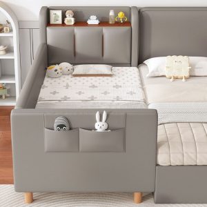 "Sleek Dove Grey Wood Art Deco Standard Children Bed with Artificial Leather, Footboard, Headboard Storage & Detachable Guardrails"