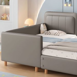 "Dove Grey Contemporary Upholstered Standard Kids Bed with PU Leather, Mattress, Headboard & Guardrail"