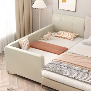 "Art Deco Upholstered Panel Standard Children Bed with Artificial Leather, Headboard & Guardrail"