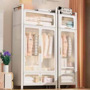 "Chalk-Colored Iron Kids Wardrobe with Shelf, Clothing Rod, and Door"