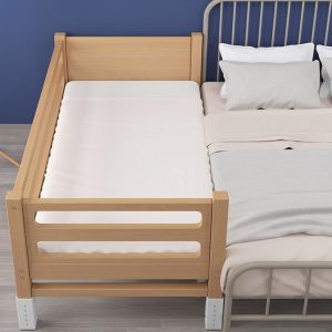 "Sturdy Beech Wood Simplistic Wood Color Standard Kids Bed with Coir Mattress, Gender Neutral, and Guardrail"