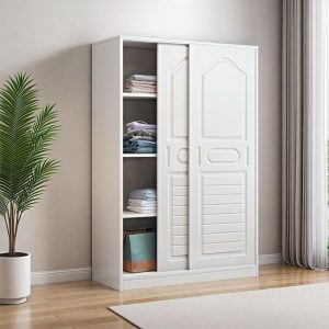 "Chalk-Colored Kids Wardrobe with Lumber Build, Shelf, Clothing Rod, and Door"