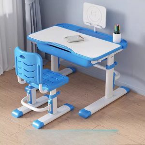 "Adjustable Height Scratch-defiant Adjustable Kids Desk with Locker, Pencil Drawer, Metal Legs and a Chalk Wood Tabletop"