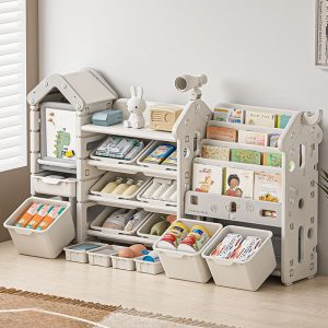 "Simplistic Kids Bookshelf Display Rack with House Theme, 5 Shelves, Convertible Orientation, Synthetic Material, Standalone Installation, Closed Back"