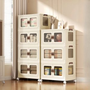"Chalk Standard Children's Bookshelf with Pop Up Design, Roller Wheels, Multiple Shelves (3/4/5), Vertical Orientation, Synthetic Shelf, and Multiple Doors (6/8/10)"
