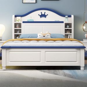 "Elegant White Modern Simple Style Natural Wood Standard Kids Bed with Latex Mattress, Gender Neutral and Headboard Storage including Book Storage"
