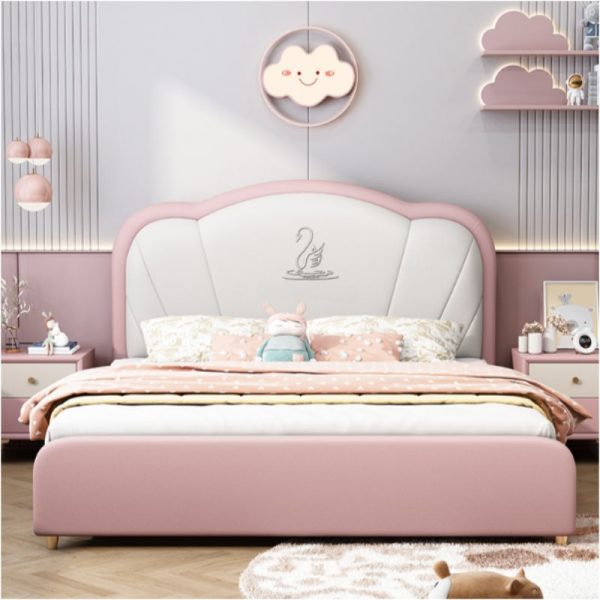 "Rose Simplistic Upholstered Standard Children Bed with Synthetic Leather, Coir Mattress & Headboard for Gender Neutral"