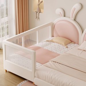 "Trendy White Wood Standard Children Bed with Animals Theme, Artificial Leather Upholstery, Coir Mattress, and Guardrail"
