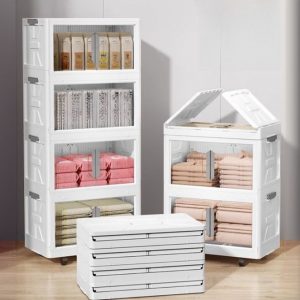 "White Pop-Up Foldable Standard Kids Bookshelf with Wheels, 6 Shelves, Polymer Compound, 5 Doors, Scratch-repellent"