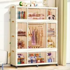"Beige Kids Wardrobe with Polymerized Material, Shelf, Clothing Rod, and Door"