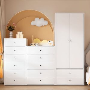 "White Kids Armoire in Alloy with Multiple Shelves and Doors, Removable Clothing Rod"