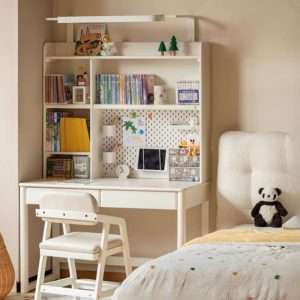 "Chalk Wood Children Computer Desk with Wooden Legs, Storage, and Compartment Drawer"