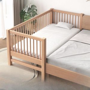 "Natural Finish Art Deco Style Standard Kids Bed in Natural Wood with Guardrail for Gender Neutral Use"