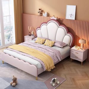 "Magenta Wood Standard Kids Bed in Princess Theme with Pleather Upholstery, Coir Mattress & Headboard for Girl/Woman+"