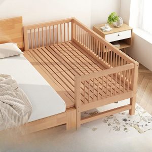 "Wood Grain Contemporary Lumber Standard Kids Bed with Headboard and Gender Neutral Guardrail"